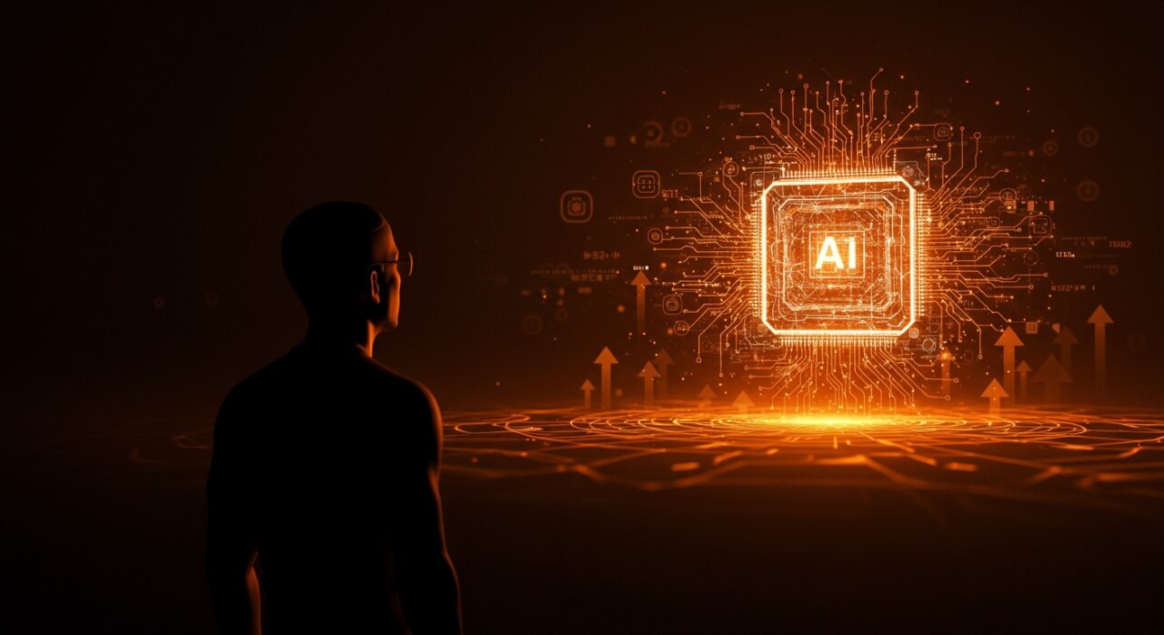 Silueta contemplativa frente a una red neuronal holográfica que simboliza la perspectiva realista sobre la inteligencia artificial y el futuro de AGI en startups tecnológicas.