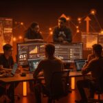 Fundadores de startups colaborando en ambiente tecnológico que representa la estrategia estatal de atracción tecnológica en Alabama.