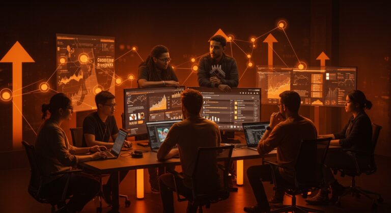 Fundadores de startups colaborando en ambiente tecnológico que representa la estrategia estatal de atracción tecnológica en Alabama.