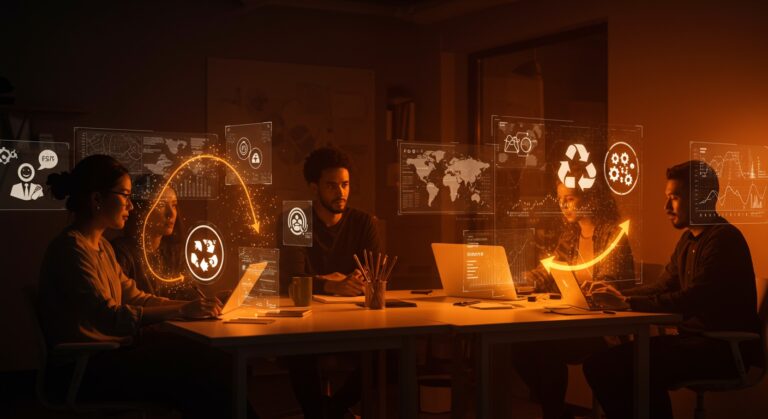 Startups de sostenibilidad colaborando en entorno tecnológico con metáforas visuales de economía circular e innovación climática, tema Amazon Sustainability Accelerator 2025.