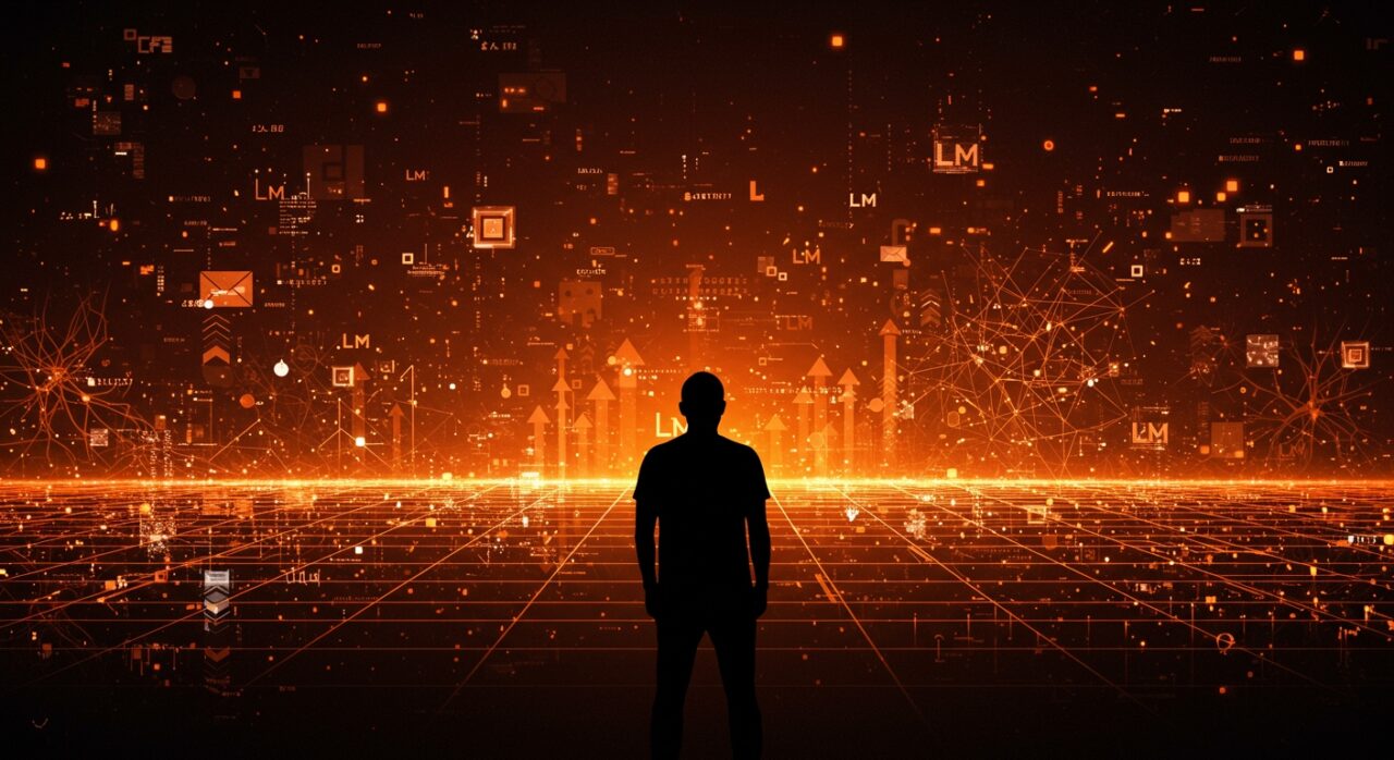 Andrej Karpathy frente a un horizonte digital que simboliza los desafíos técnicos y la distancia hacia la inteligencia artificial general AGI.