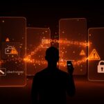 Desarrollador frente a pantallas Android con iconos de verificación y cadenas digitales, ilustrando el impacto de las restricciones de sideloading en el ecosistema de apps.