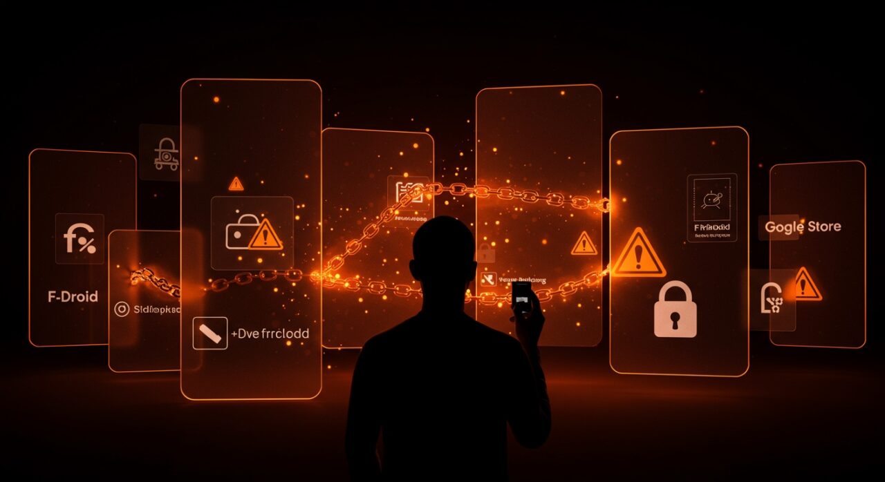 Desarrollador frente a pantallas Android con iconos de verificación y cadenas digitales, ilustrando el impacto de las restricciones de sideloading en el ecosistema de apps.