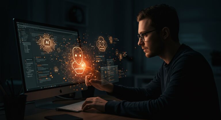 Desarrollador usando Claude Code en navegador web para crear y gestionar agentes avanzados de IA de Anthropic.