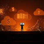 Gastos millonarios en AWS de startups IA reflejados en iconografía digital de nube y finanzas bajo paleta Ecosistema Startup naranja y negro.