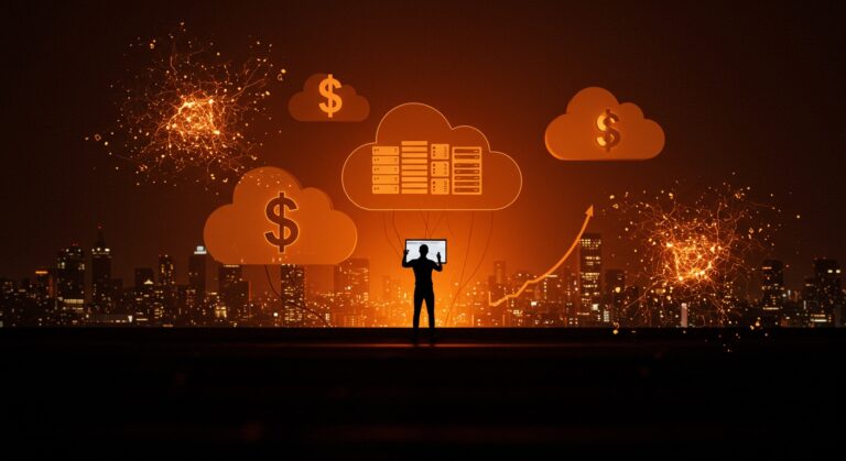 Gastos millonarios en AWS de startups IA reflejados en iconografía digital de nube y finanzas bajo paleta Ecosistema Startup naranja y negro.