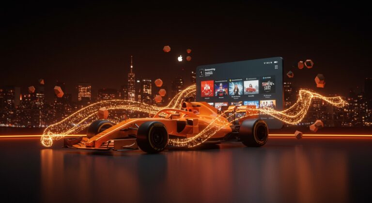 Acuerdo exclusivo de streaming deportivo entre Apple TV y Fórmula 1 en Estados Unidos representado con arte digital deportivo y tecnológico en paleta naranja y negro.