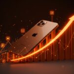 Imagen destacada de iPhone 17 y gráfico financiero ascendente que representa los ingresos récord de Apple en el mercado tecnológico del cuarto trimestre de 2025.