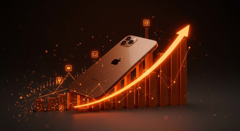 Imagen destacada de iPhone 17 y gráfico financiero ascendente que representa los ingresos récord de Apple en el mercado tecnológico del cuarto trimestre de 2025.
