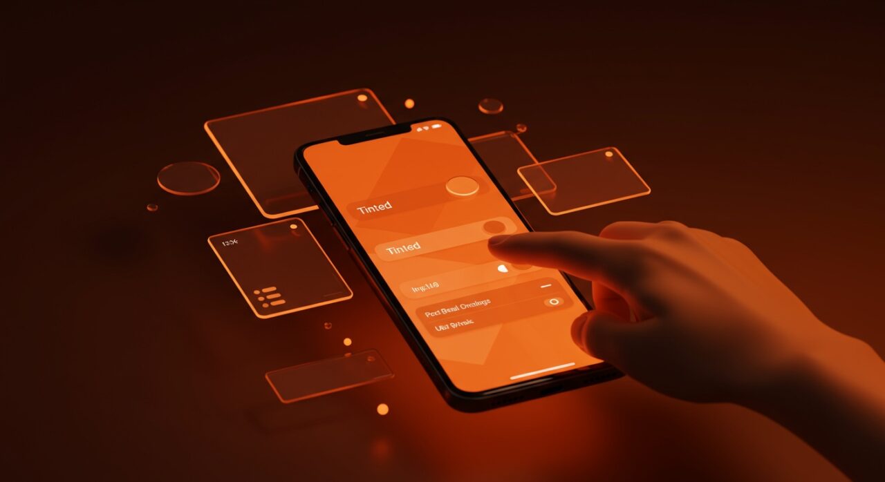 Pantalla futurista mostrando opción Tinted para personalizar Liquid Glass en iOS 26.1, destacando diseño UX y tendencias tecnológicas de Apple.