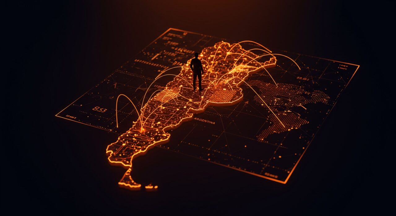 Argentina como superpotencia económica y estratégica con enfoque en recursos naturales y ecosistema startup latinoamericano, ilustrado con mapas digitales y símbolos tecnológicos.