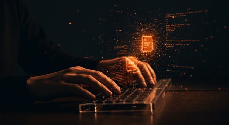 Programación en assembly conectada a redes neuronales de inteligencia artificial, simbolizando la optimización y desarrollo avanzado en IA para fundadores tech.