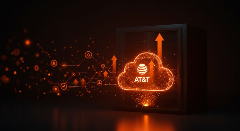 Inversión de AT&T en DriveNets destacando la innovación en infraestructura de telecomunicaciones cloud-native con energía y crecimiento visualizados en colores naranja y negro.
