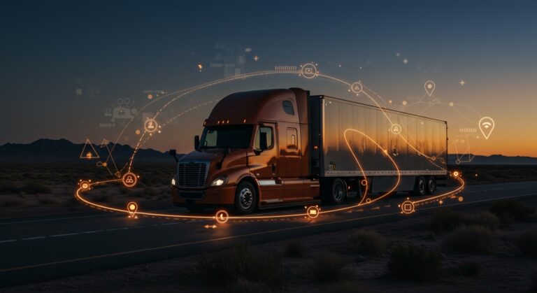 Camión autónomo avanzado transitando la ruta de Fort Worth a El Paso, destacando innovación en logística y tecnología de IA aplicada.