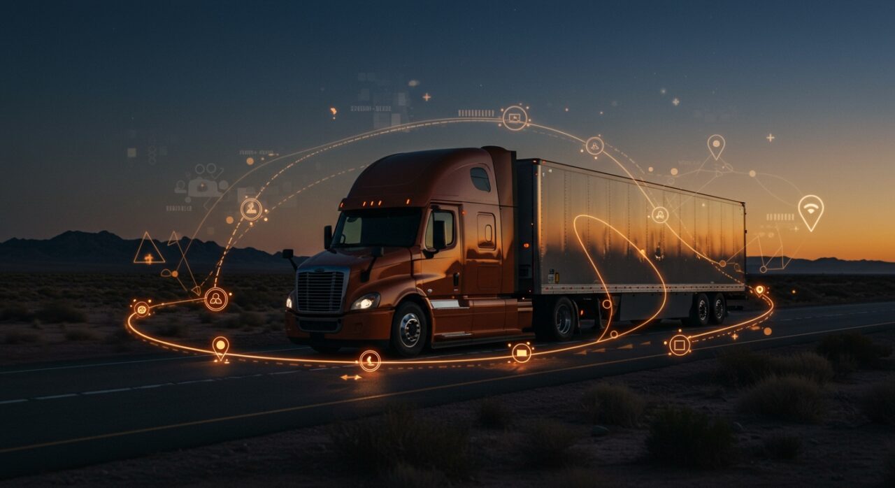 Camión autónomo avanzado transitando la ruta de Fort Worth a El Paso, destacando innovación en logística y tecnología de IA aplicada.