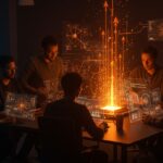 Startups innovadoras en inteligencia artificial generativa colaborando en un espacio tecnológico moderno con mentoría y créditos AWS en el programa acelerador global.