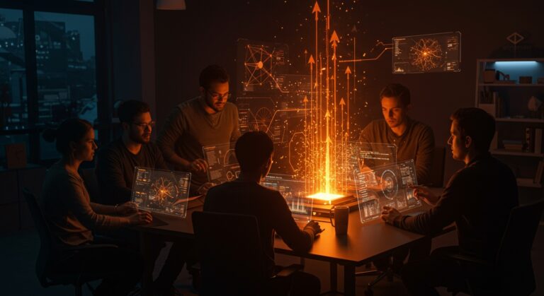 Startups innovadoras en inteligencia artificial generativa colaborando en un espacio tecnológico moderno con mentoría y créditos AWS en el programa acelerador global.