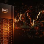 Visualización estilizada de infraestructura cloud de AWS con gráficos ascendentes destacando alta demanda y crecimiento en servicios de IA para startups y tecnología.