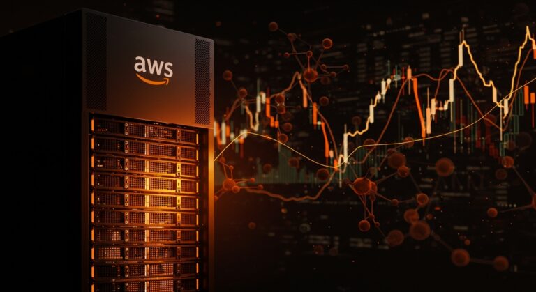 Visualización estilizada de infraestructura cloud de AWS con gráficos ascendentes destacando alta demanda y crecimiento en servicios de IA para startups y tecnología.