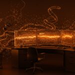 Generación de texto con modelos BERT y RoBERTa representados mediante visualización futurista de IA generativa en paleta naranja y negro para startups tecnológicas.