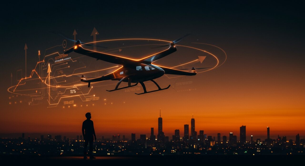 Avión eléctrico VTOL de Beta Technologies ascendiendo, simbolizando IPO de $825M y futuro sostenible en aviación eléctrica.