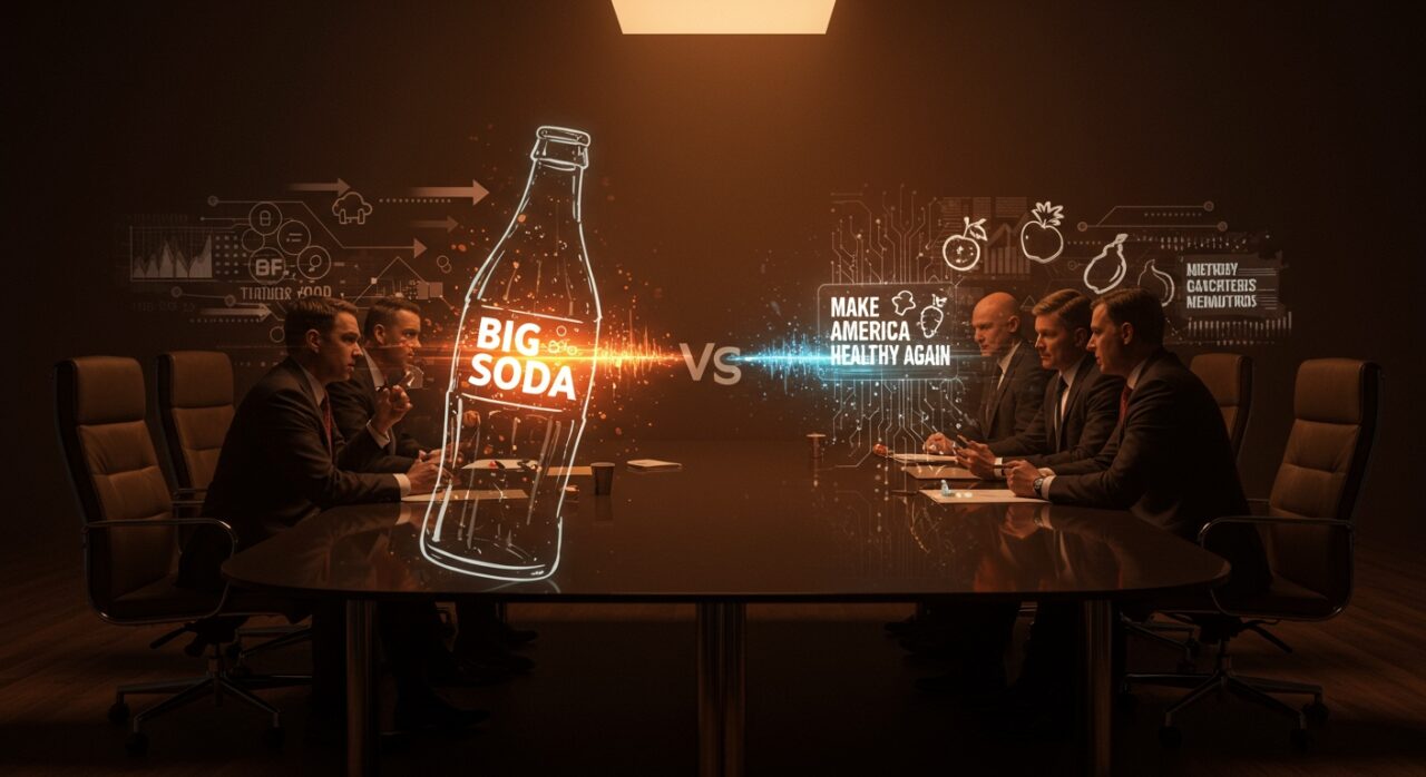Confrontación visual entre la industria de bebidas azucaradas y el movimiento Make America Healthy Again, ilustrando la lucha política y la disrupción alimentaria.