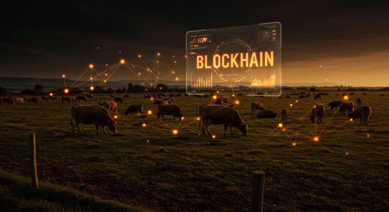 Blockchain aplicado a la ganadería extensiva en Madrid mostrando integración tecnológica en el sector primario y startups innovadoras.