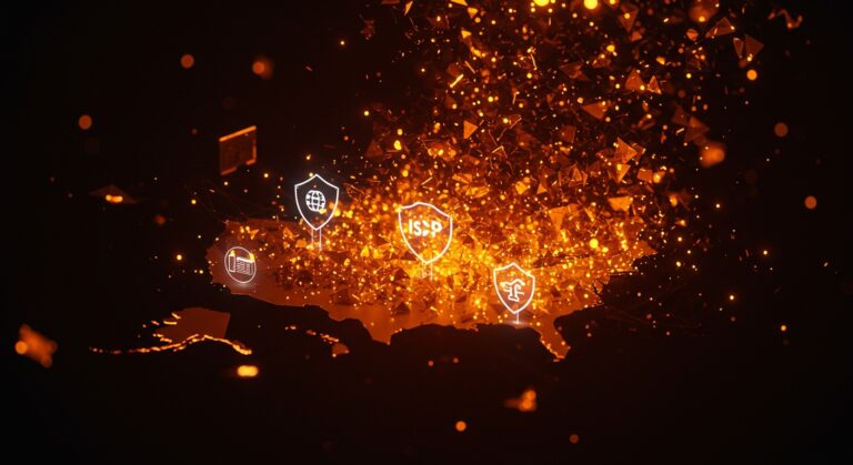 Visualización impactante de un ataque DDoS masivo del botnet Aisuru afectando dispositivos IoT y proveedores de servicios de internet en EE.UU., destacando la ciberseguridad y estrategias de mitigación.