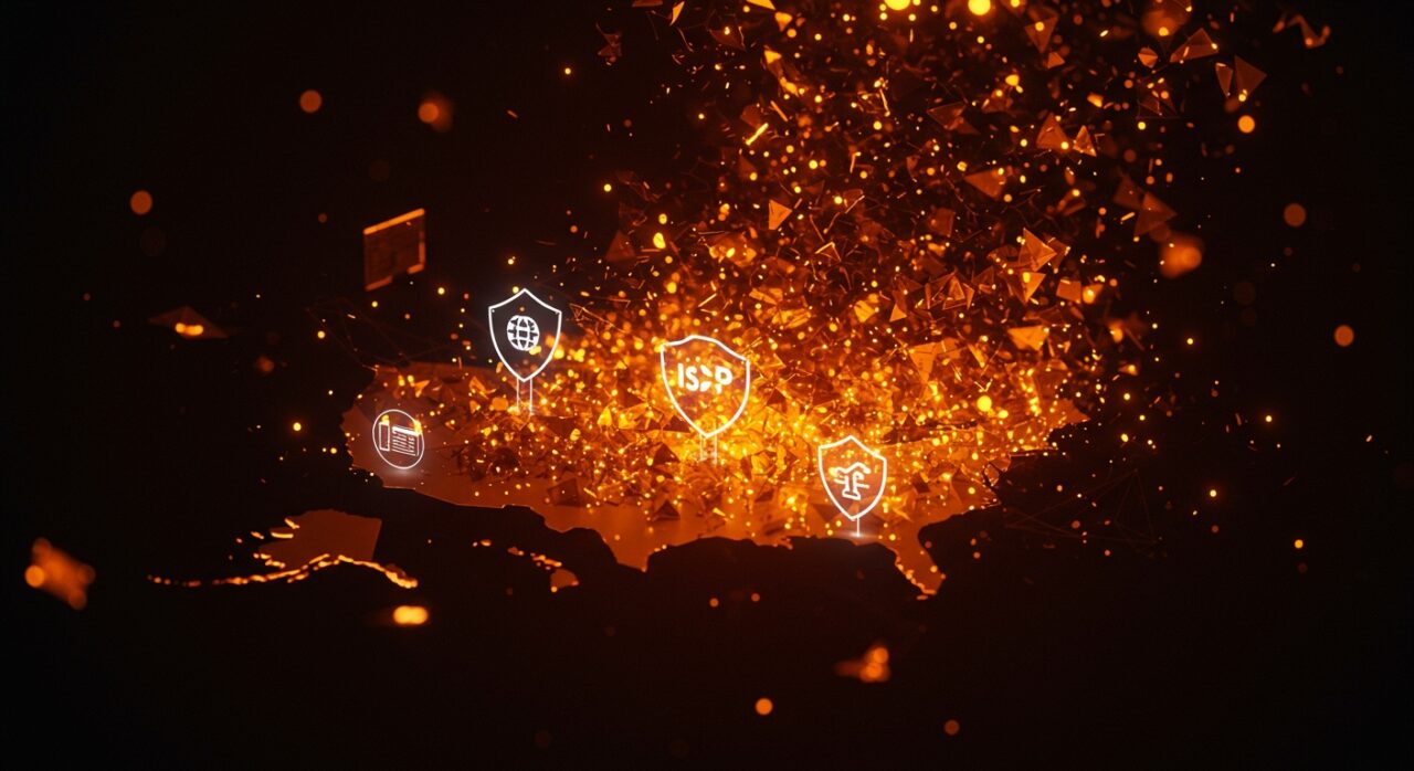 Visualización impactante de un ataque DDoS masivo del botnet Aisuru afectando dispositivos IoT y proveedores de servicios de internet en EE.UU., destacando la ciberseguridad y estrategias de mitigación.