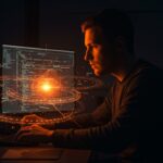 Desarrollador utilizando bucles asíncronos en JavaScript con patrones modernos para optimización en aplicaciones, imagen editorial para Ecosistema Startup.