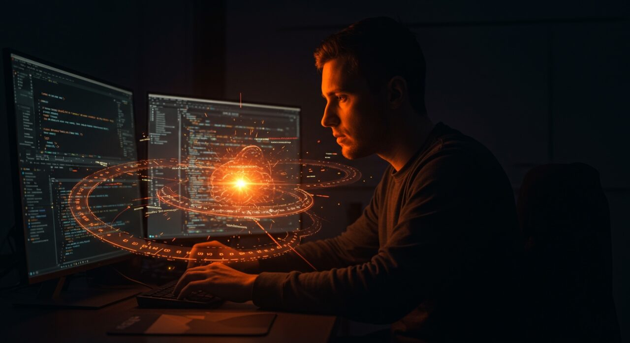Desarrollador utilizando bucles asíncronos en JavaScript con patrones modernos para optimización en aplicaciones, imagen editorial para Ecosistema Startup.