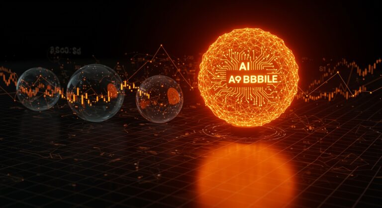 Representación visual de la burbuja IA 17 veces mayor que la crisis puntocom con metáforas de inversión y riesgos en startups tecnológicas.