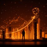 Silueta de fundador en un ecosistema startup de IA con gráficos de valoraciones récord y símbolos de burbuja tecnológica en tonos naranja y negro.