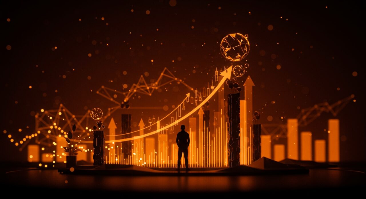 Silueta de fundador en un ecosistema startup de IA con gráficos de valoraciones récord y símbolos de burbuja tecnológica en tonos naranja y negro.