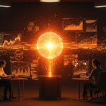 Startups de IA con valoraciones récord visualizadas mediante hologramas y gráficas ascendentes en un entorno tecnológico innovador y moderno.