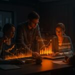 Fundador de startup delegando en un equipo dinámico alrededor de una interfaz digital, simbolizando liderazgo sostenible y escalabilidad en proyectos open source.