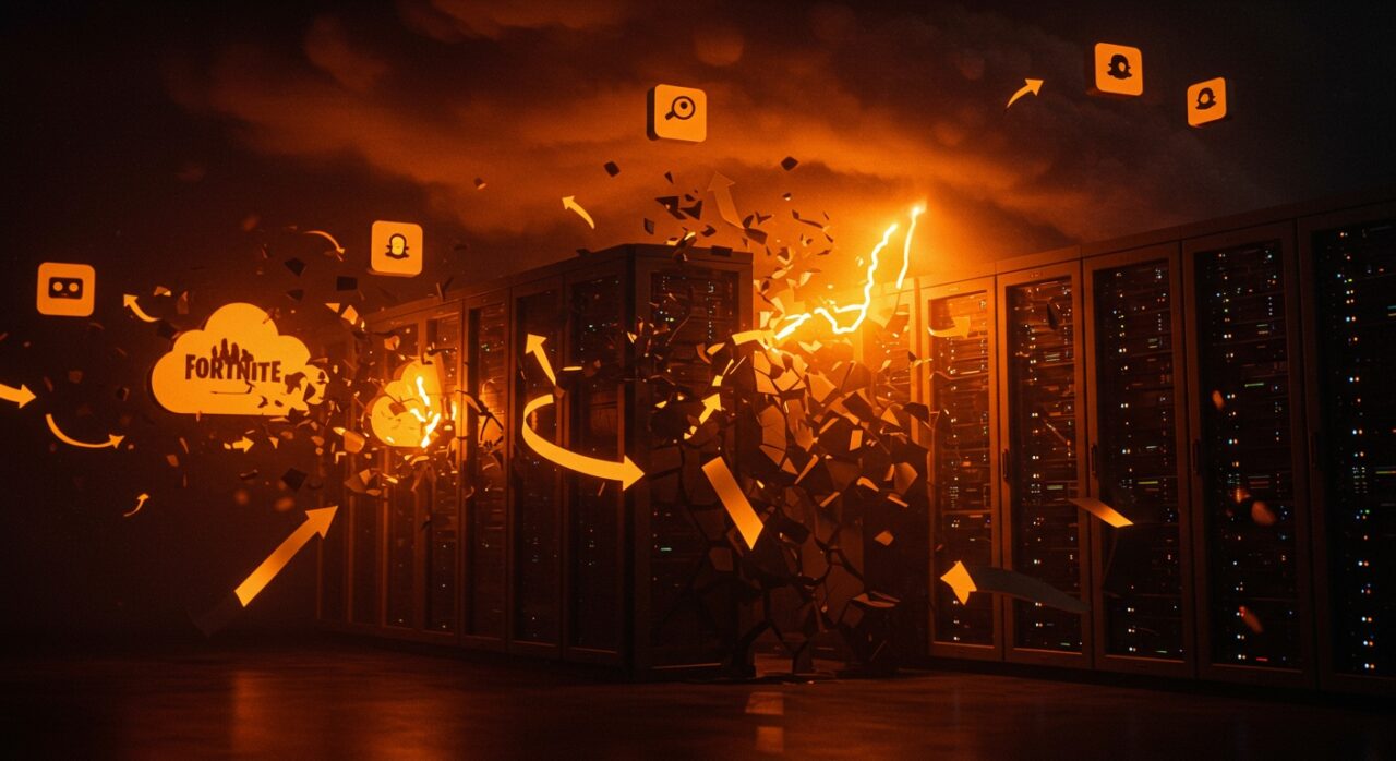 Impacto de la caída masiva de AWS afectando Fortnite, Alexa y servicios cloud, ilustrado con metáforas visuales de interrupción y desconexión digital.