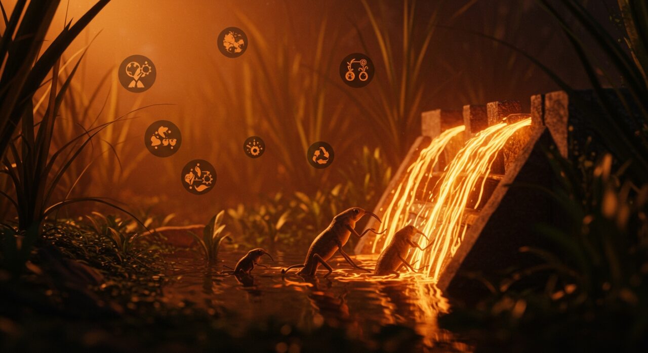 Familia de castores construyendo una represa natural que ahorra costos al gobierno y promueve la sostenibilidad ambiental.