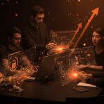 Startups de ciberseguridad de CEEI Castellón colaborando en tecnología innovadora en un entorno futurista.