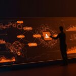 Dashboard digital con inteligencia de procesos e inteligencia artificial aplicada en operaciones empresariales resaltadas en tonos naranja y negro.