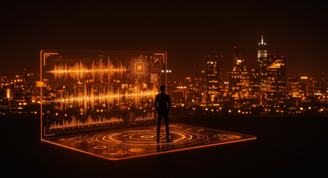 CEO de ElevenLabs ante interfaz digital mostrando la commoditización de modelos de audio AI y oportunidades para founders tech.