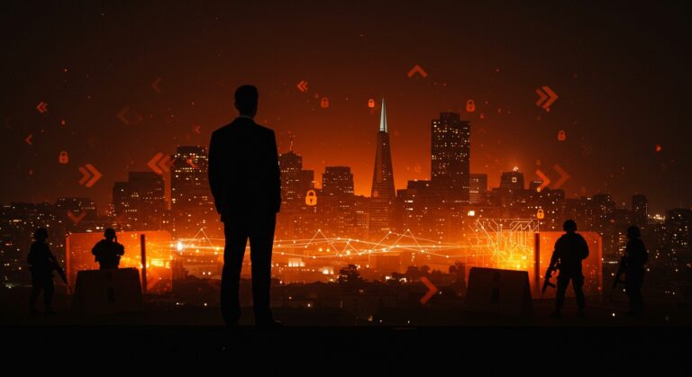 CEO de Salesforce observando el skyline de San Francisco con símbolos tecnológicos y de seguridad, reflejando la petición de Guardia Nacional en el ecosistema tecnológico.