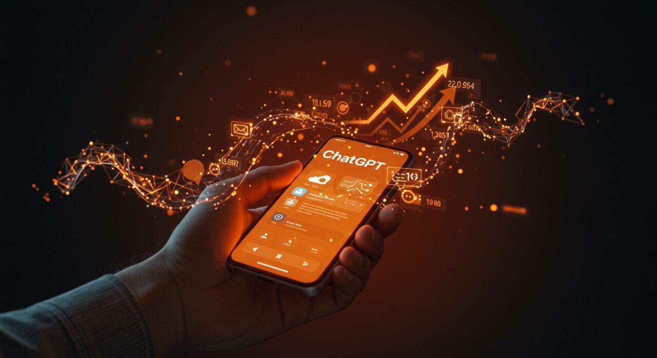 Crecimiento récord de usuarios y mensajes diarios en ChatGPT móvil reflejado con metáforas visuales de IA y tendencias de mercado para startups.