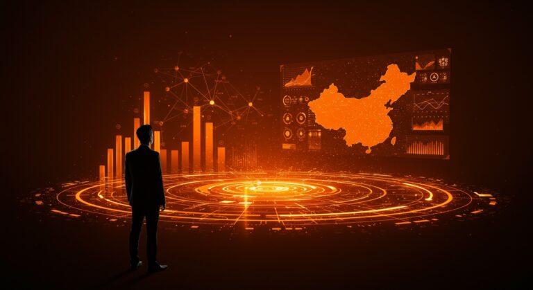 Concentración de talento tecnológico en China representada con horizonte digital y gráficos que muestran competitividad global e innovación para startups.