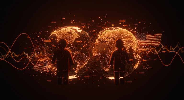 Análisis visual del decoupling económico entre China y EE.UU. con metáforas de vulnerabilidades estructurales y riesgos geopolíticos.