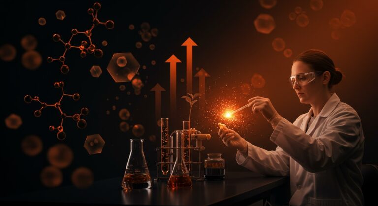 Científica de CIRCE Scientific en laboratorio innovador con ingredientes nutracéuticos para longevidad y envejecimiento saludable.