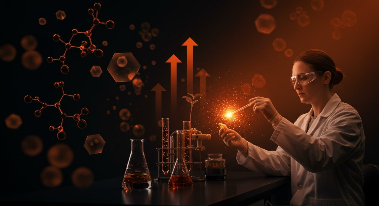 Científica de CIRCE Scientific en laboratorio innovador con ingredientes nutracéuticos para longevidad y envejecimiento saludable.