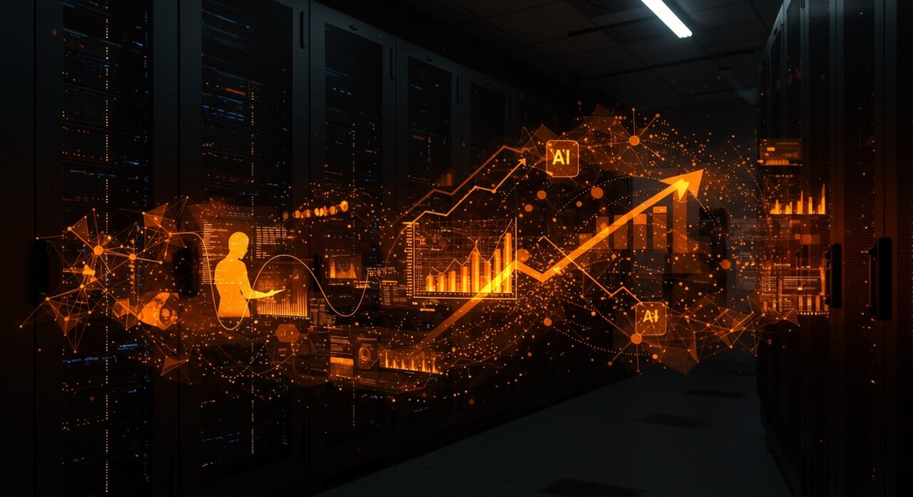 Integración de datos de máquina en estrategias de inteligencia artificial empresarial según Cisco, ilustrado con visuales futuristas y paleta naranja y negra.