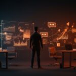 Líder de startup comunicando con impacto en un entorno digital moderno, simbolizando habilidades de liderazgo efectivo en la era digital.