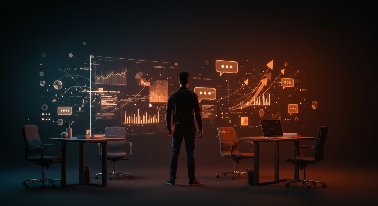 Líder de startup comunicando con impacto en un entorno digital moderno, simbolizando habilidades de liderazgo efectivo en la era digital.